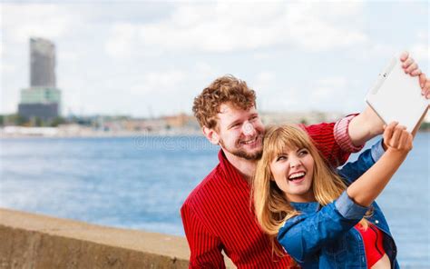 Young Couple Taking Self Picture Selfie With Tablet Stock Image Image Of People Happiness