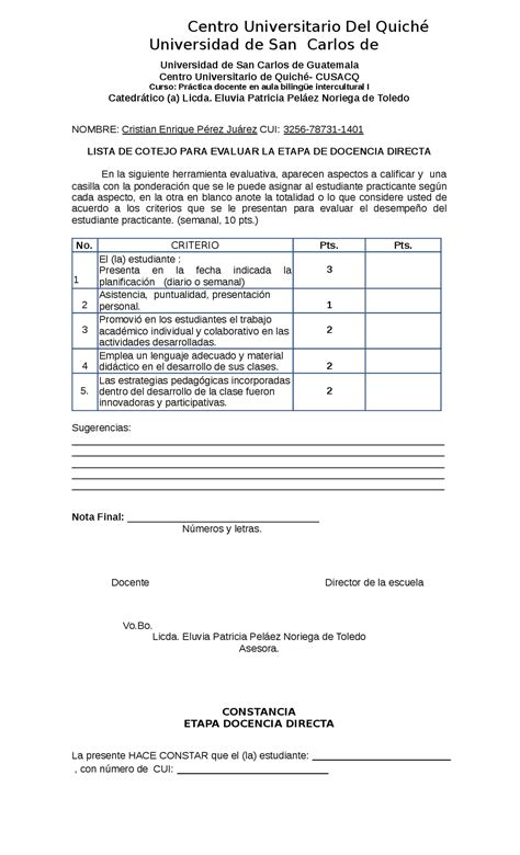 Hoja De Calificación Practica Directa Fid Docsity