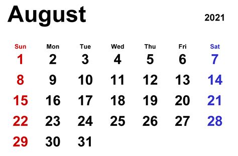 August 2021 Calendar Excel With Blank Printable Template