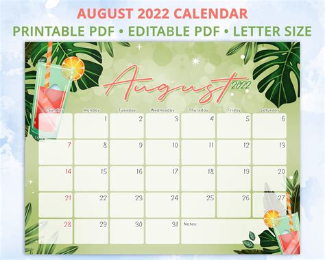 Editable August Calendar 2022 Summer Calendar Letter Size Sunday