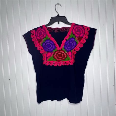 Handmade Tops Handmade Hand Rose Floral Embroidered Mexican Shirt