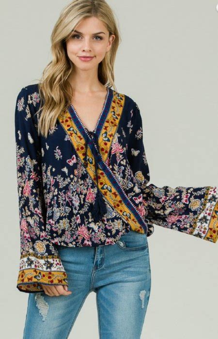 Womens Navy Boho Floral Print Top With Front Tie Now In Stock