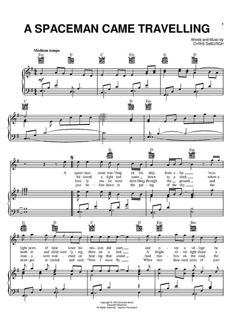 A Spaceman Came Travelling Sheet Music By Chris De Burgh For Piano