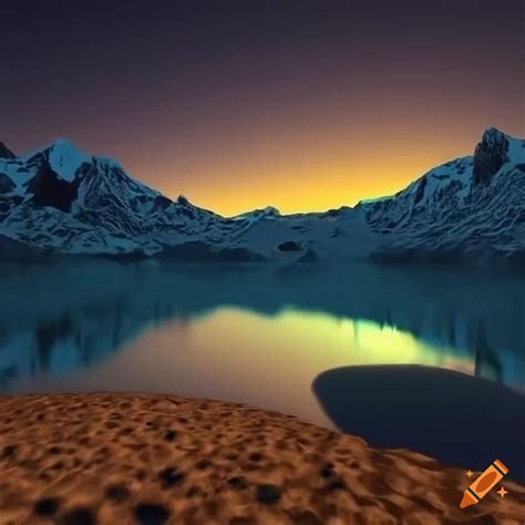 3d Mountain Lake Scene At Sunset With Radiant Glow And Caustic