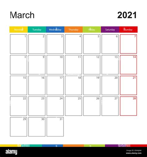 March 2021 Colorful Wall Calendar Week Starts On Monday 2021 Calendar