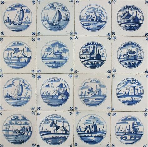 Antique Dutch Delft Wall Tiles In Blue With Landscapes In A Circle