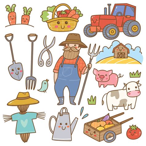 Premium Vector Farmer And Farming Equipment Kawaii Doodles
