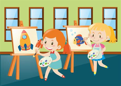 Two Girls Painting On Canvas In Classroom 369755 Vector Art At Vecteezy