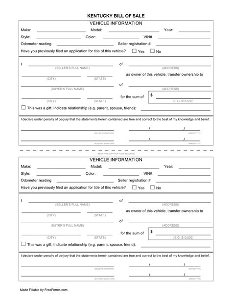 Free Kentucky Car Bill Of Sale Template Fillable Forms