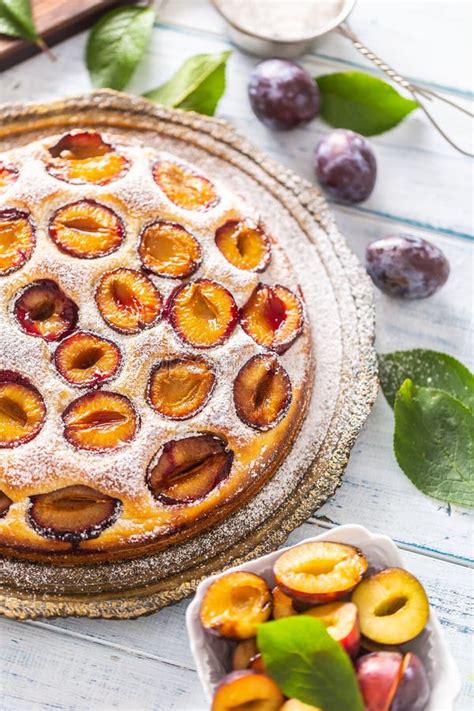 Homemade Plum Cake In Vintage Plate On Wooden Table Plums Pie With