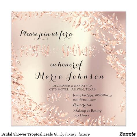 Bridal Shower Tropical Leafs Glitter Pink Rose Gold Metallic Pearly