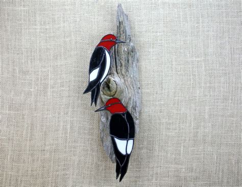 Stained Glass Red Headed Woodpeckers Stained Glass Bird Etsy Stained Glass Birds Glass Wall