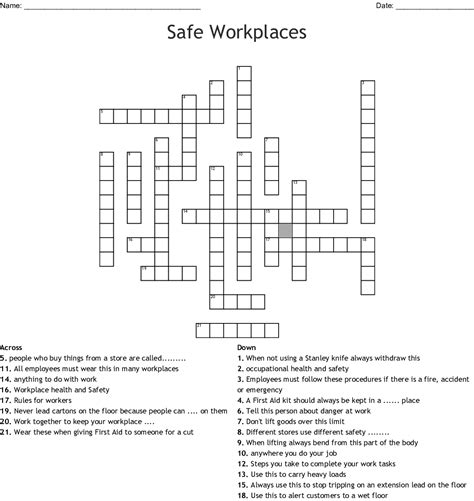 Safe Workplaces Crossword Wordmint