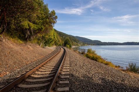 American Railroad Tracks By Pacific Ocean At Bellingham Bay Washington