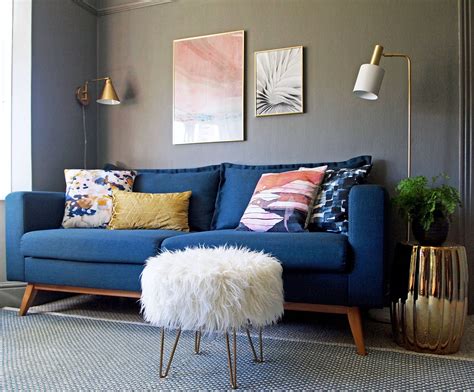 Living Room Design Blue Sofa Grey Walls And Accents In