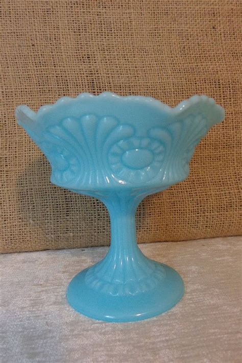 Vintage Fenton Blue Milk Glass Compote Dish Footed Bowl Etsy Blue