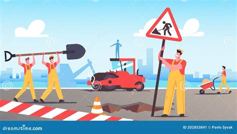 Road Repair With Construction Machines And Working Male Characters
