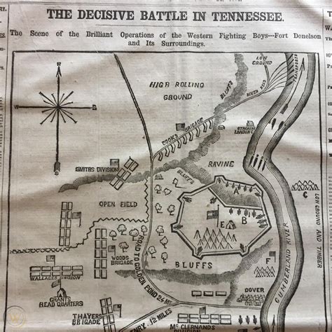 1862 Civil War Newspaper Map Battle Fort Donelson Tennessee Ulysses