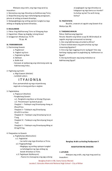 Example Of Detailed Lesson Plan In Araling Panlipunan Banghay Aralin