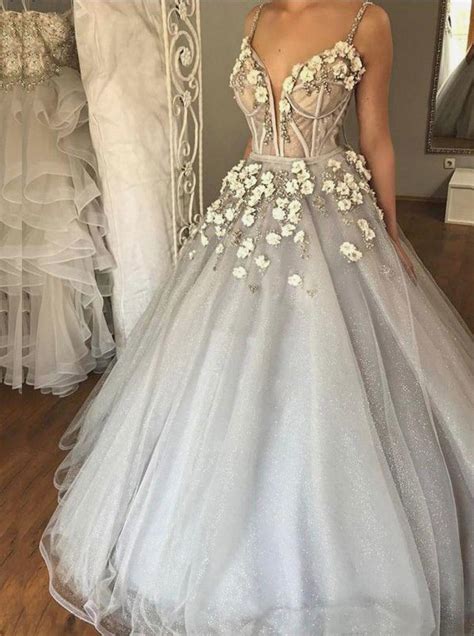 2019 Sparkly Dusty Silver 3d Floral Prom Dress Ball Gown Wedding Dress