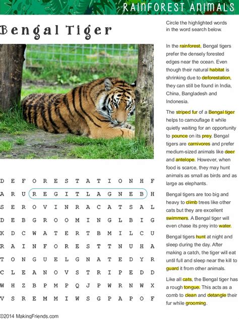 Fact Sheet And Word Search For Bengal Tiger Habitat Makingfriends