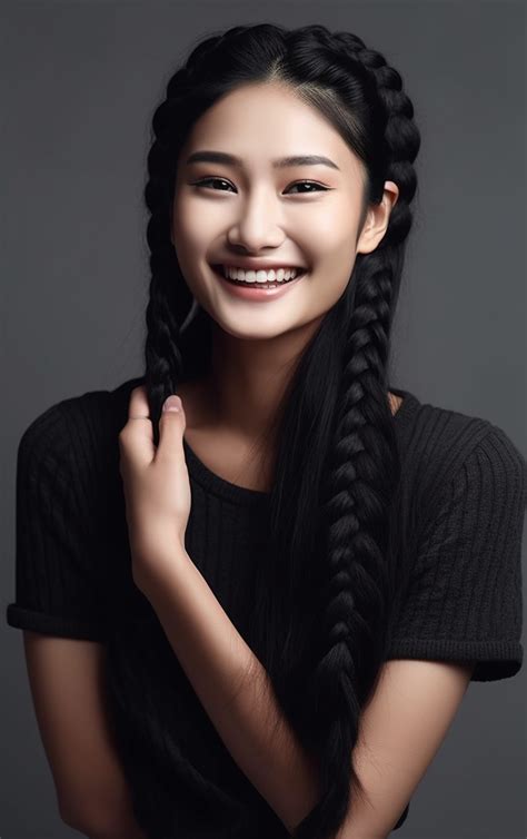 photography portrait of smiling asian model with double braids hairstyle in 2023 braid styles