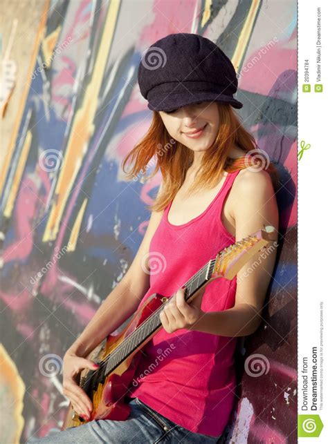 Girl With Guitar And Graffiti Wall Stock Photo Image Of