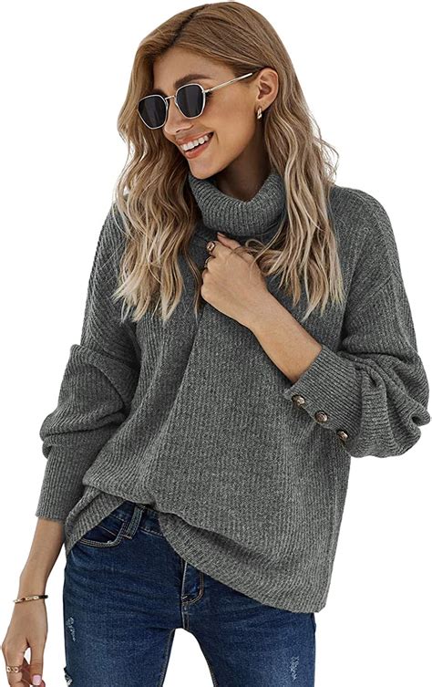 Womens Turtleneck Solid Color Knit Sweater Button Long Sleeve Winter