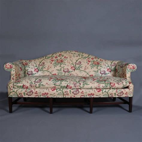 Antique Sheraton Floral Chintz Upholstered Camel Back Sofa 20th