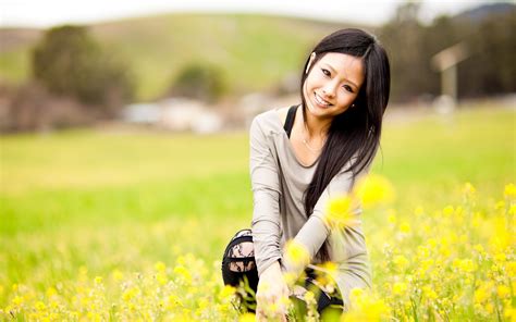 wallpaper women outdoors model asian smiling yellow flower meadow lawn portrait