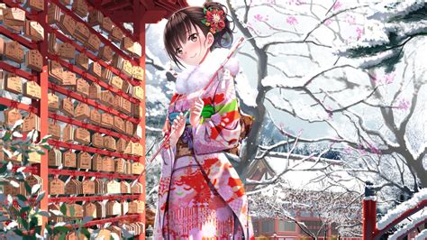Blush Brown Eyes Brown Hair Building Flowers Japanese Clothes Kimono