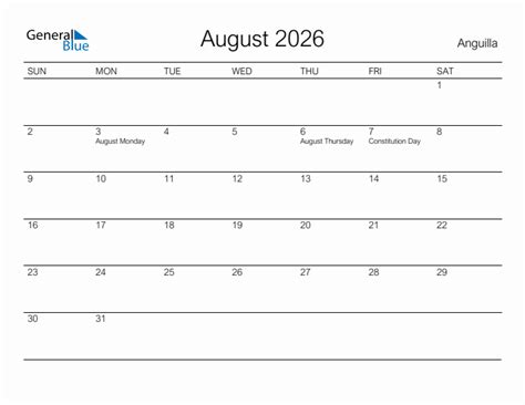Printable August 2026 Monthly Calendar With Holidays For Anguilla