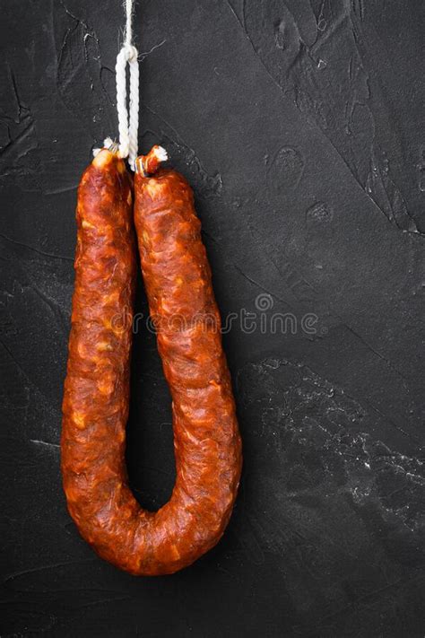 Spanish Pork Chorizo Sausages On Black Surface With Copy Space Stock
