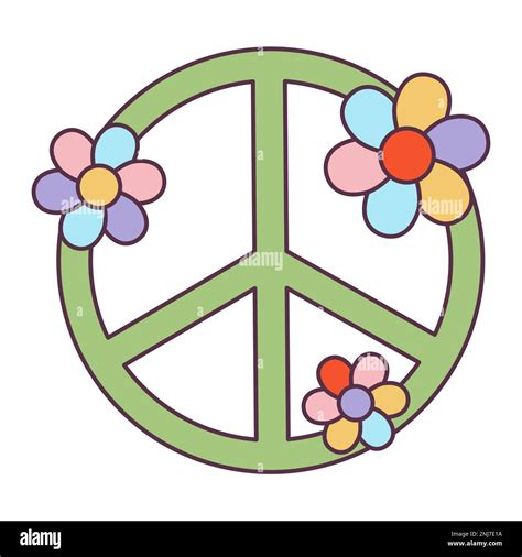 Retro 70s Groovy Hippie Sticker Peace Symbol With Flowers Psychedelic