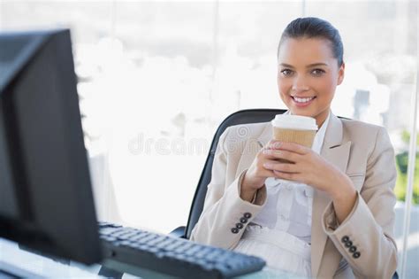 Happy Sophisticated Businesswoman Holding Coffee Stock Image Image Of