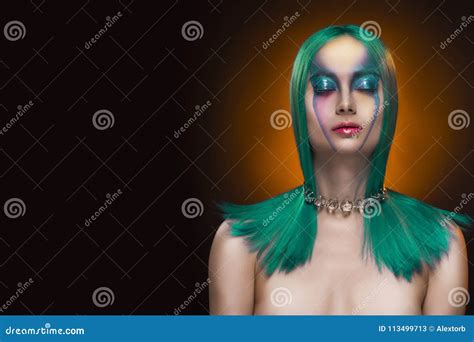 Sensual Portrait Of Beautiful Dyed Green Hair Naked Shoulders Cl Stock