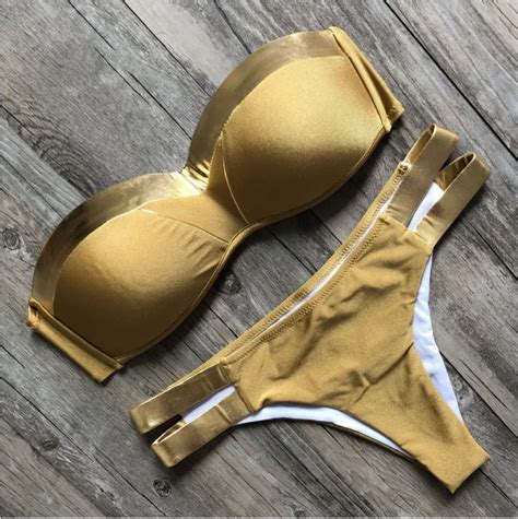Sexy Padded Women Swimsuit Push Up Bandeau Swimwear 2018 Gold Stamping Bikini Set Summer