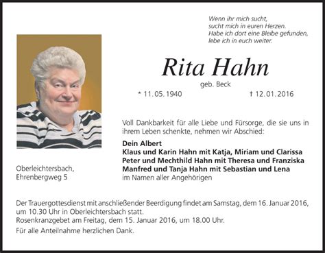 Rita Hahn Traueranzeige Frankende