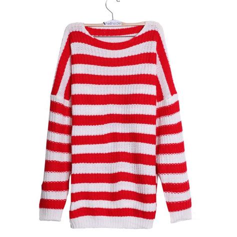 Red White Striped Long Sleeve Loose Pullovers Sweater 32 Liked On