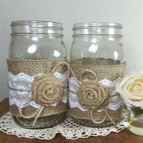10 Burlap And Lace Mason Jars Wraps Table Centerpiece Rustic Wedding