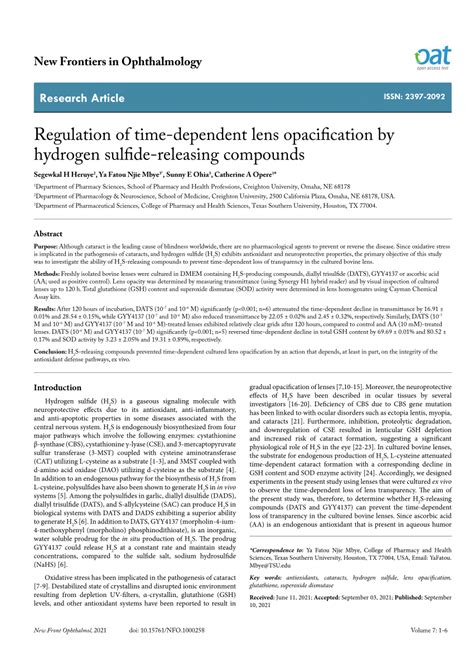 Pdf Regulation Of Time Dependent Lens Opacification By Hydrogen