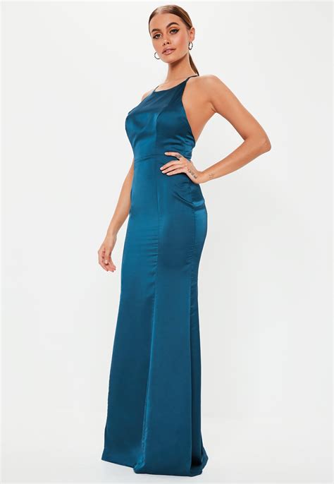 Teal Satin Round Neck Backless Maxi Dress Missguided Ireland