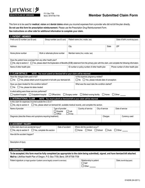 Sample Medical Treatment Claim Form Printable Medical Forms Letters