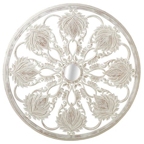 36 White Distressed Finish Carved Abstract Floral Round Wall Decor