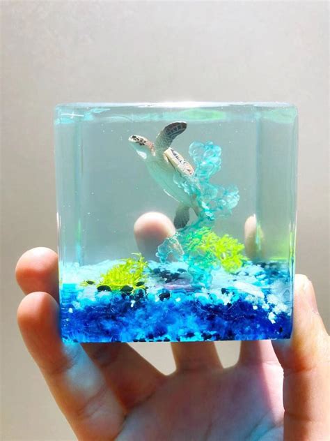 Turtle Aquatic Resin Diorama Resin Cube Flower Paperweight Etsy