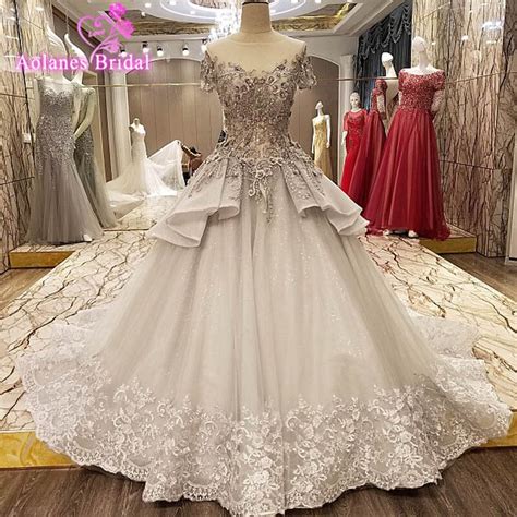 Buy 2017 Real Image Gray Ball Gown Wedding Dresses Scoop Lace Appliques 3d