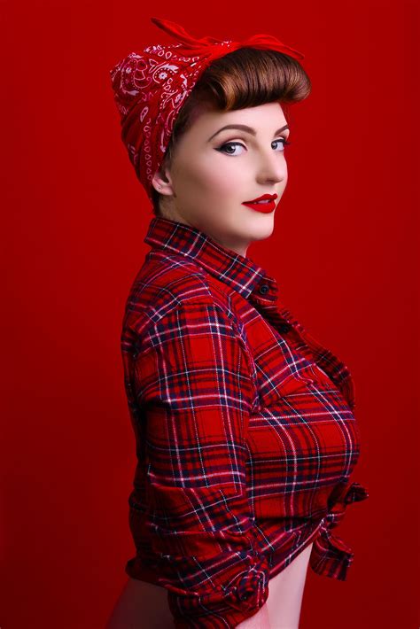 Rockabilly In Red With Red Head Scarf And Tartan Shirt 1950s Pinup