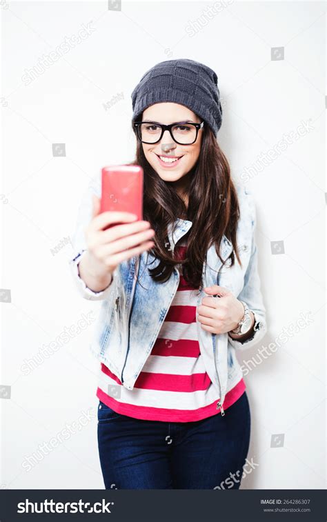 Pretty Hipster Girl Taking Selfie Let Stock Photo 264286307 Shutterstock