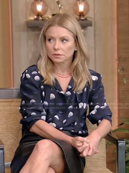 Wornontv Kellys Navy Dotted Tie Neck Blouse On Live With Kelly And