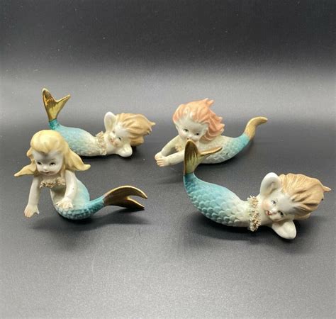 4 Rare Vintage Mermaid Figurines Retro 1950s Style Of Lefton Napco